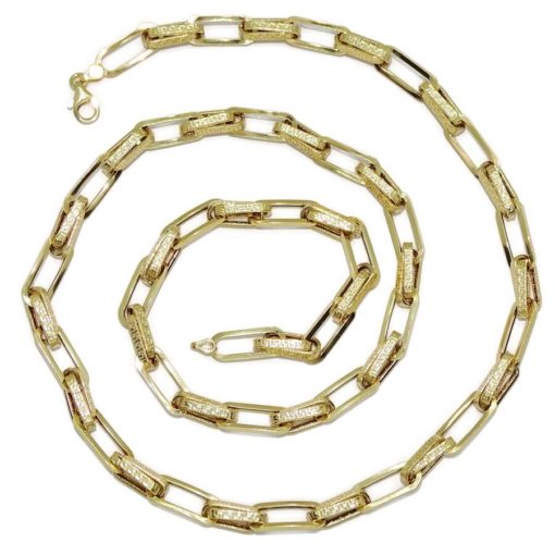Collar de moda para hombre y mujer de Oro Amarillo de 18k de eslabón tipo forzado, uno liso y dos con greca, de 7.00 mm de ancho. 70.00cm de Largo