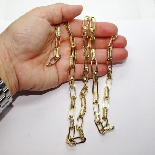 Collar de moda para hombre y mujer de Oro Amarillo de 18k de eslabón tipo forzado, uno liso y dos con greca, de 7.00 mm de ancho. 70.00cm de Largo - Imagen 3