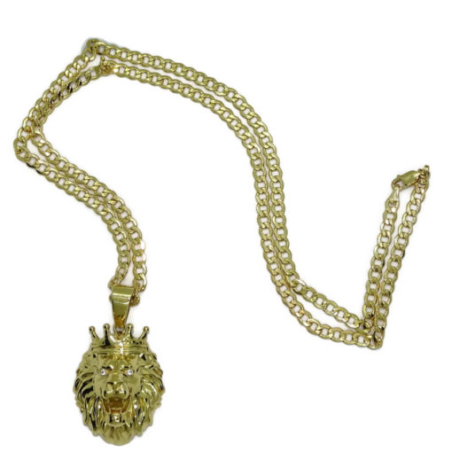 Colgante y cadena de oro amarillo de 18k para hombre con furiosa cabeza de león con corona y circonitas. 18.30gr de oro de 18k - Imagen 5