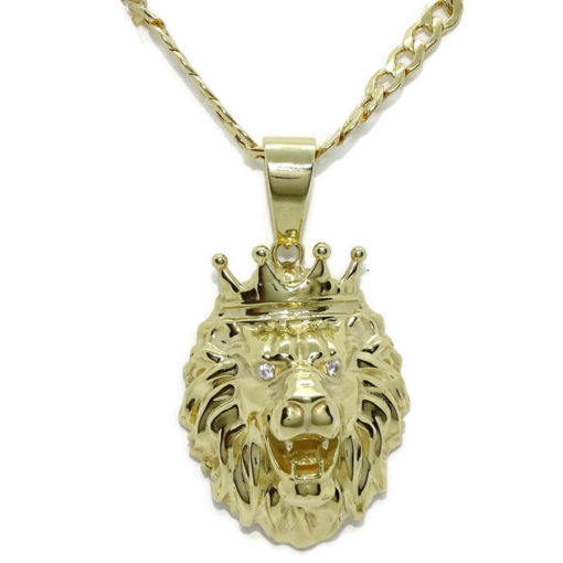 Colgante y cadena de oro amarillo de 18k para hombre con furiosa cabeza de león con corona y circonitas. 18.30gr de oro de 18k