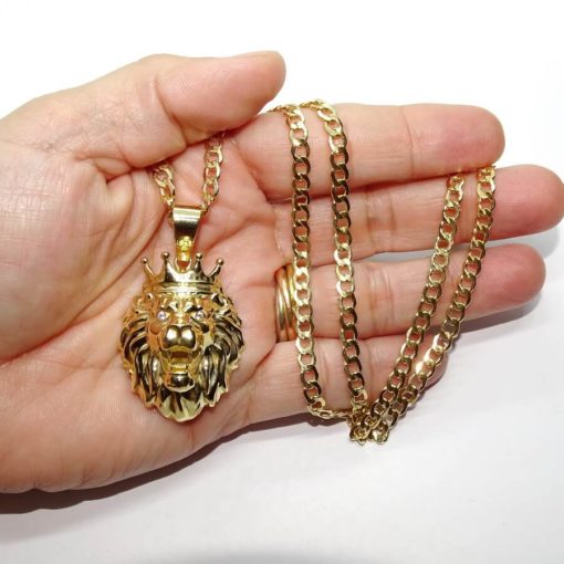Colgante y cadena de oro amarillo de 18k para hombre con furiosa cabeza de león con corona y circonitas. 18.30gr de oro de 18k - Imagen 3
