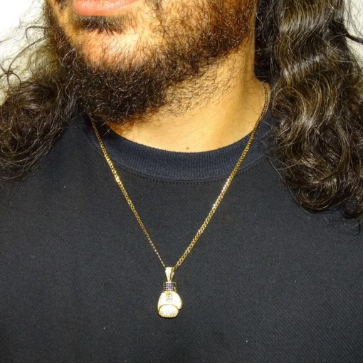 Cadena maciza y colgante de oro todo de 18k para hombre, guante de oro de boxeo con circonitas blancas y negras. Peso: 17.00 gr de oro de 18k - Imagen 2