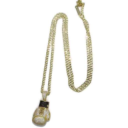 Cadena maciza y colgante de oro todo de 18k para hombre, guante de oro de boxeo con circonitas blancas y negras. Peso: 17.00 gr de oro de 18k - Imagen 7