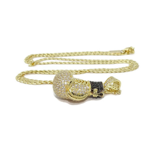 Cadena maciza y colgante de oro todo de 18k para hombre, guante de oro de boxeo con circonitas blancas y negras. Peso: 17.00 gr de oro de 18k - Imagen 4