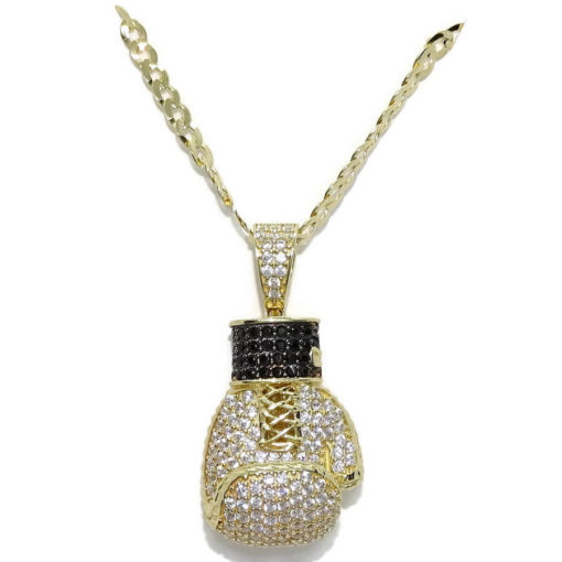 Cadena maciza y colgante de oro todo de 18k para hombre, guante de oro de boxeo con circonitas blancas y negras. Peso: 17.00 gr de oro de 18k