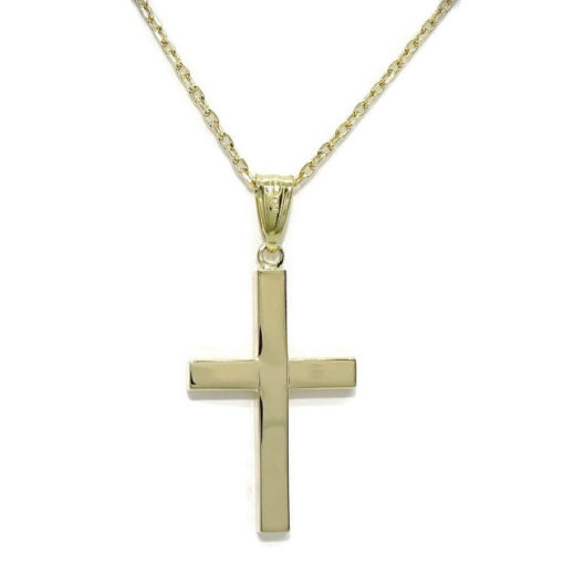 Cruz de oro amarillo de 18k de tubo cuadrado especial comuniónCruz de oro amarillo de 18k de tubo cuadrado especial comunión y mujer con cadena forzada