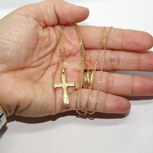 Cruz de oro amarillo de 18k de estilo bizantina especial comunión y mujer con cadena forzada de 50.00 cm. - Imagen 3