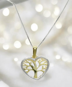 Collar de oro amarillo de 18k y oro blanco de 18k con forma de corazón y árbol de la vida. Especial mamá. Regalo especial de todo corazón.
