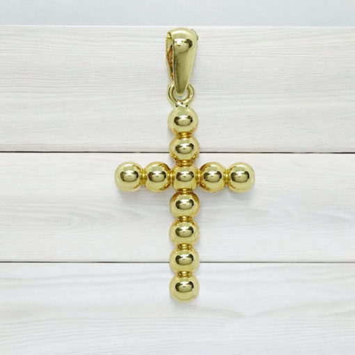 Preciosa cruz de oro amarillo brillo de 18K para comunión de bolas de 2mm de grosor Peso: 0.40 gr de oro de 18k