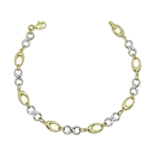 Pulsera de oro amarillo y oro blanco para mujer con infinitos y eslabones ovalados. Todo oro 18k