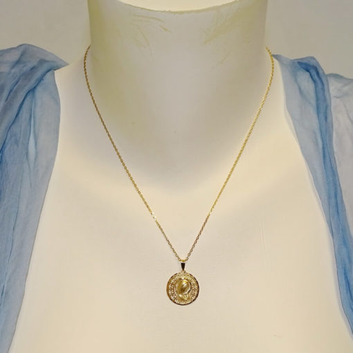 Medalla redonda calada de oro de 18k con la Virgen Niña de 18 mm calada y cadena forzada de 45cm todo oro 18k especial comunión y mujer. - Imagen 2