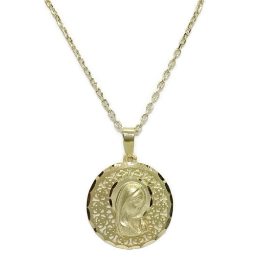 Medalla redonda calada de oro de 18k con la Virgen Niña de 18 mm calada y cadena forzada de 45cm todo oro 18k especial comunión y mujer.