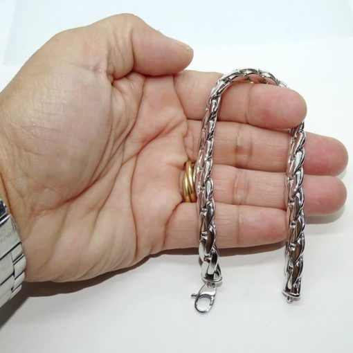 Pulsera de Oro blanco de 18k para hombre y mujer modelo trenza doble plana de 21.00 cm de Larga. - Imagen 4