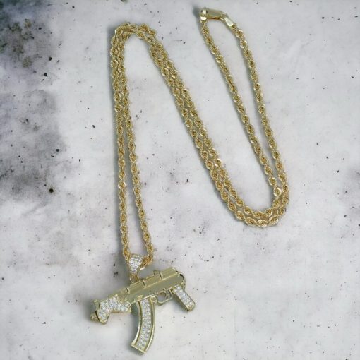 Collar de oro para hombre con AK-47 de oro y circonitas y cordón de oro de 3.30 mm y 60.00cm. 17.00 gr todo oro 18k - Imagen 10