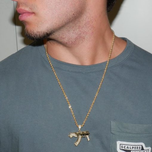 Collar de oro para hombre con AK-47 de oro y circonitas y cordón de oro de 3.30 mm y 60.00cm. 17.00 gr todo oro 18k - Imagen 2