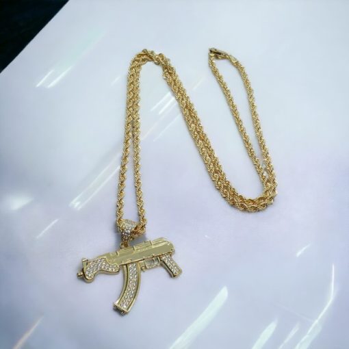 Collar de oro para hombre con AK-47 de oro y circonitas y cordón de oro de 3.30 mm y 60.00cm. 17.00 gr todo oro 18k - Imagen 7