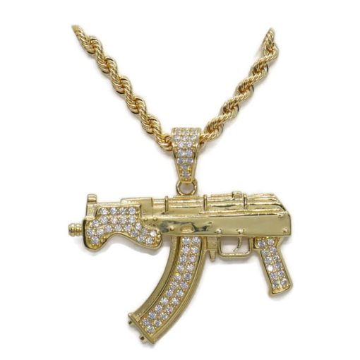 Collar de oro para hombre con AK-47 de oro y circonitas y cordón de oro de 3.30 mm y 60.00cm. 17.00 gr todo oro 18k - Imagen 11