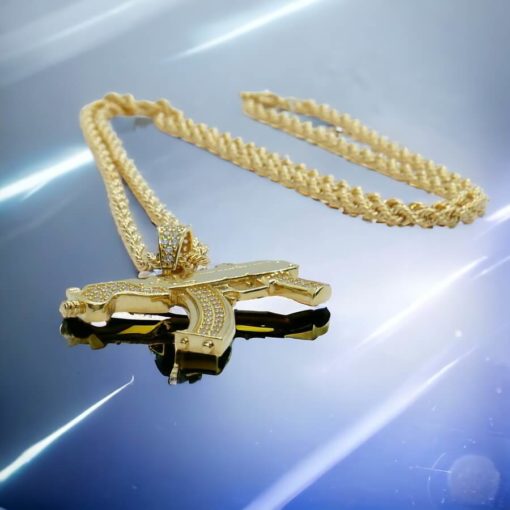 Collar de oro para hombre con AK-47 de oro y circonitas y cordón de oro de 3.30 mm y 60.00cm. 17.00 gr todo oro 18k - Imagen 6