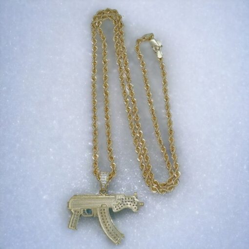 Collar de oro para hombre con AK-47 de oro y circonitas y cordón de oro de 3.30 mm y 60.00cm. 17.00 gr todo oro 18k - Imagen 4