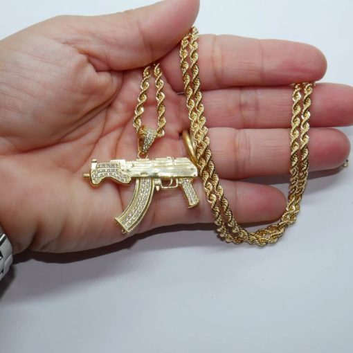 Collar de oro para hombre con AK-47 de oro y circonitas y cordón de oro de 3.30 mm y 60.00cm. 17.00 gr todo oro 18k - Imagen 3