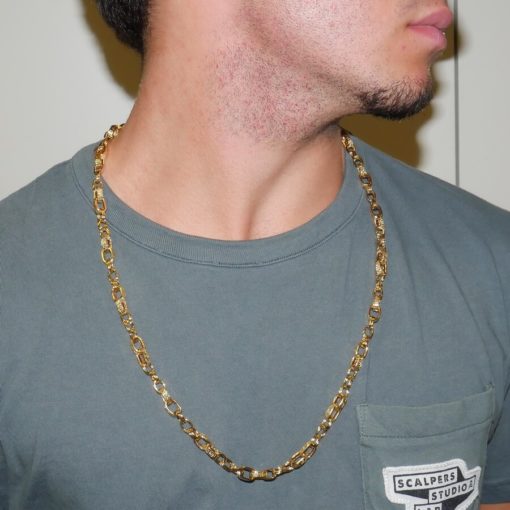 Collar de moda para hombre y mujer de Oro Amarillo de 18k de eslabón barbado liso y con greca. 15.45gr - Imagen 2