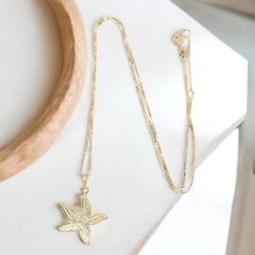 Colgante de estrella de mar de oro amarillo de 18k y cadena veneciana todo oro de 18k de 45cm. - Imagen 7