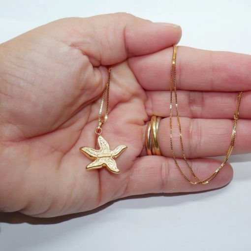 Colgante de estrella de mar de oro amarillo de 18k y cadena veneciana todo oro de 18k de 45cm. - Imagen 2