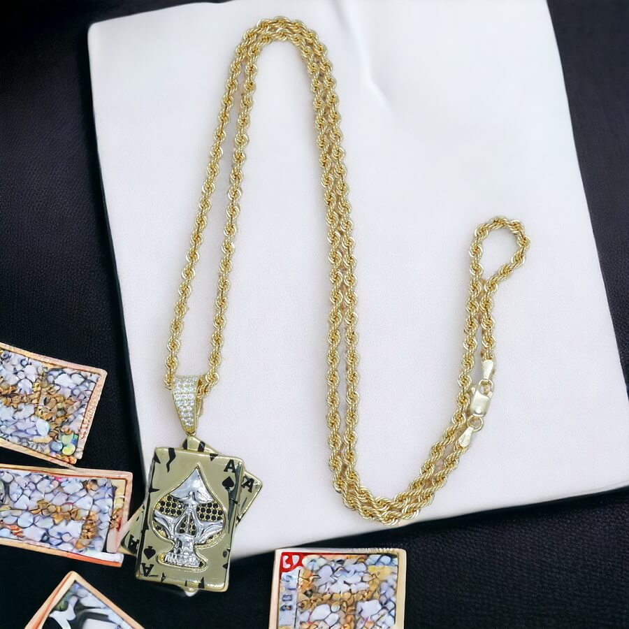 Colgante de oro y circonitas As de Picas todo oro de 18k para hombre o mujer y cordón de oro de 60.00cm - Imagen 6