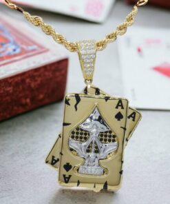 Colgante de oro y circonitas As de Picas todo oro de 18k para hombre o mujer y cordón de oro de 60.00cm