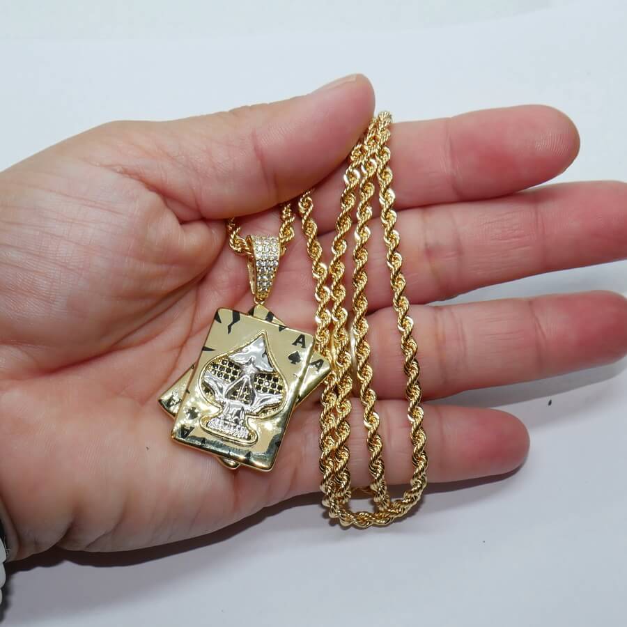 Colgante de oro y circonitas As de Picas todo oro de 18k para hombre o mujer y cordón de oro de 60.00cm - Imagen 3