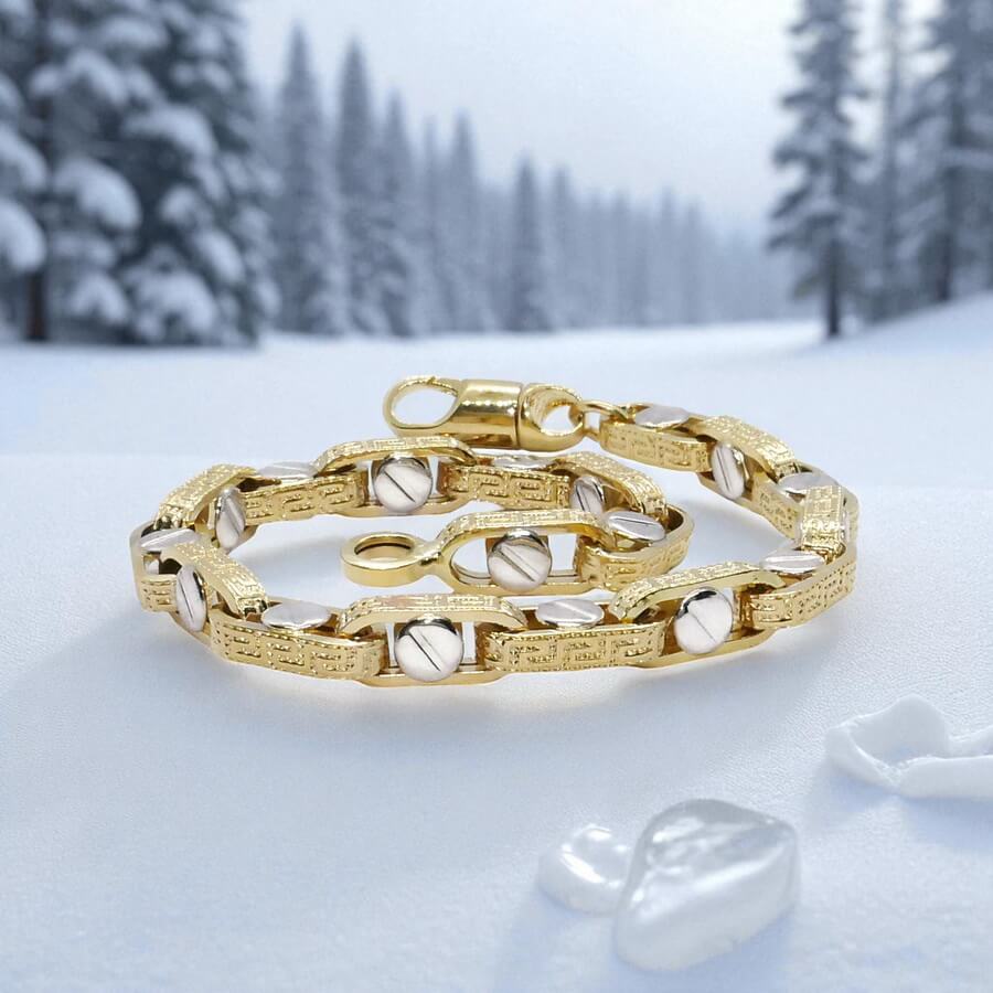 Pulsera para hombre de oro amarillo y oro blanco de 18k con greca y detalle de tornillo