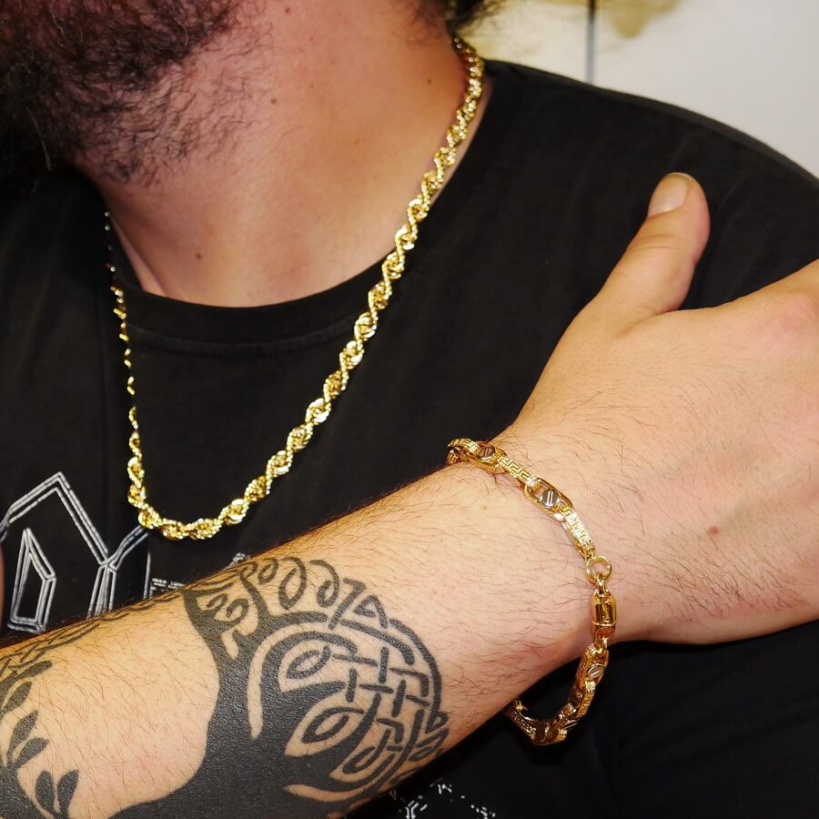 Pulsera para hombre de oro amarillo y oro blanco de 18k con greca y detalle de tornillo - Imagen 2