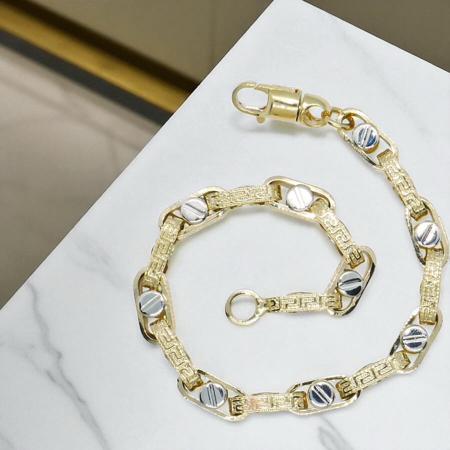 Pulsera para hombre de oro amarillo y oro blanco de 18k con greca y detalle de tornillo - Imagen 9