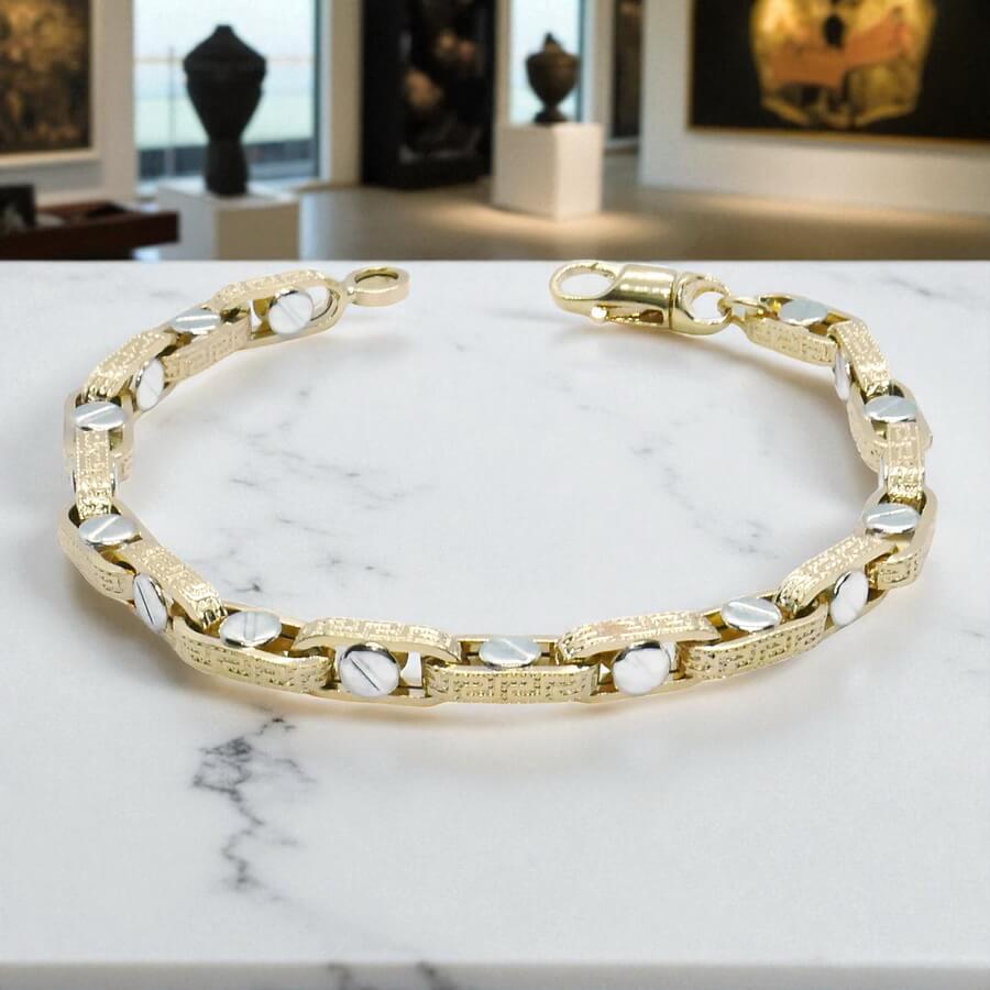 Pulsera para hombre de oro amarillo y oro blanco de 18k con greca y detalle de tornillo - Imagen 7