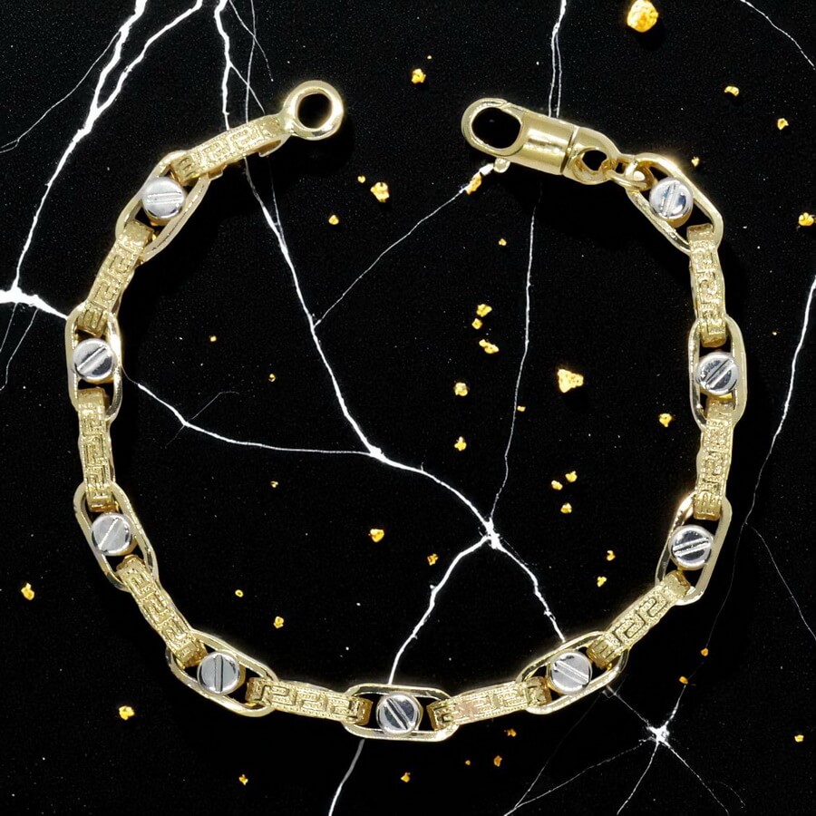 Pulsera para hombre de oro amarillo y oro blanco de 18k con greca y detalle de tornillo - Imagen 6