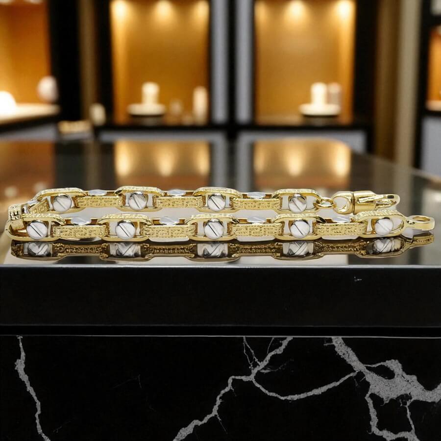 Pulsera para hombre de oro amarillo y oro blanco de 18k con greca y detalle de tornillo - Imagen 5