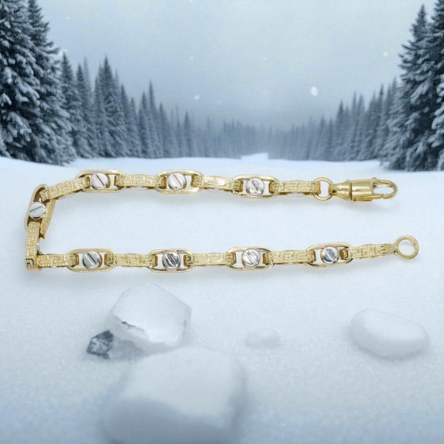 Pulsera para hombre de oro amarillo y oro blanco de 18k con greca y detalle de tornillo - Imagen 4