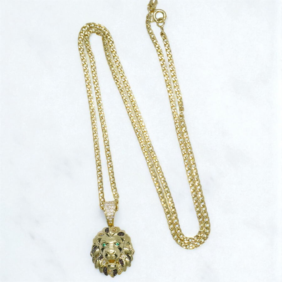 Colgante León tamaño discreto Oro Amarillo 18k con Circonitas y Cadena Barbada 60 cm , Alta Joyería Masculina - Imagen 7