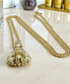 Colgante León tamaño discreto Oro Amarillo 18k con Circonitas y Cadena Barbada 60 cm , Alta Joyería Masculina - Imagen 6