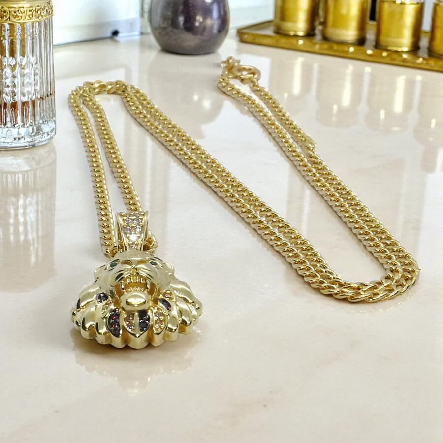 Colgante León tamaño discreto Oro Amarillo 18k con Circonitas y Cadena Barbada 60 cm , Alta Joyería Masculina - Imagen 6