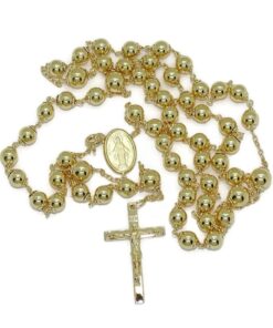 Rosario de oro amarillo 18 quilates con 60 cm de largo, cruz y medalla de la Virgen. 16 g de oro , 4 bolas de 6 mm y 50 de 5 mm. Certificado Never say Never. Tradición, calidad y fe en una joya eterna. - Imagen 5