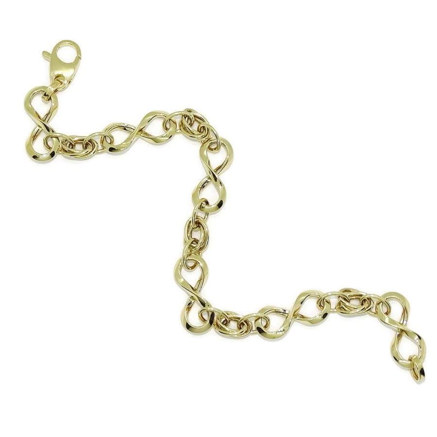 Pulsera para mujer en oro amarillo 18k con 6 infinitos y eslabones. 19cm de larga, 8mm de ancha, 4.30g de oro 1ª Ley. Diseño elegante y moderno con certificado Never Say Never. - Imagen 8