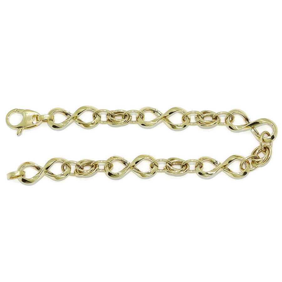Pulsera para mujer en oro amarillo 18k con 6 infinitos y eslabones. 19cm de larga, 8mm de ancha, 4.30g de oro 1ª Ley. Diseño elegante y moderno con certificado Never Say Never. - Imagen 6