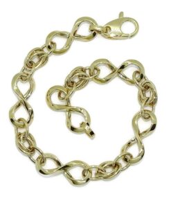 Pulsera para mujer en oro amarillo 18k con 6 infinitos y eslabones. 19cm de larga, 8mm de ancha, 4.30g de oro 1ª Ley. Diseño elegante y moderno con certificado Never Say Never.
