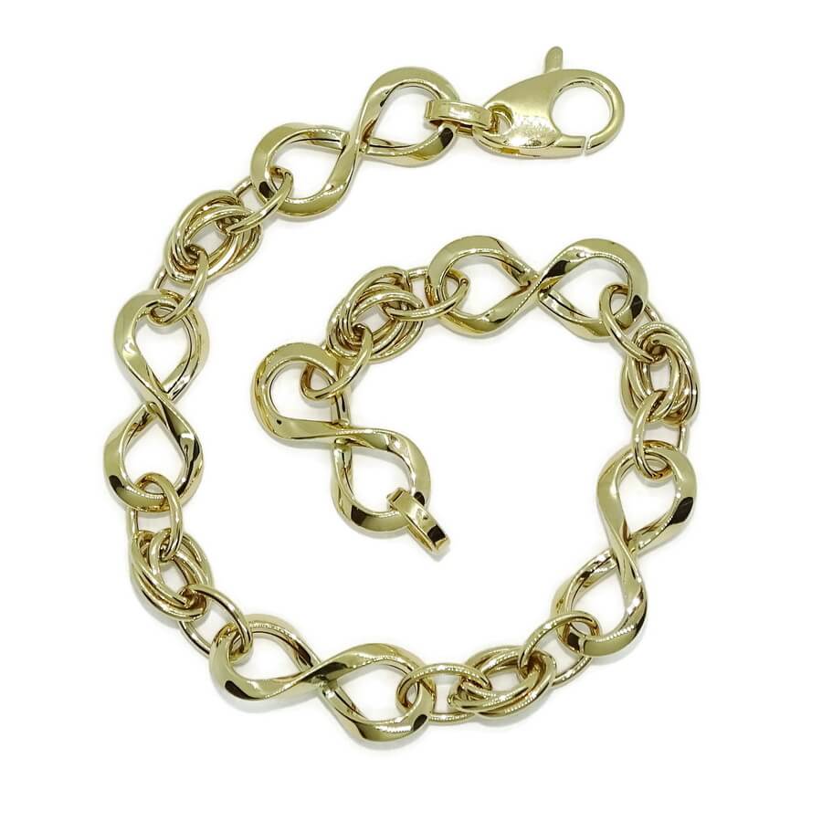 Pulsera para mujer en oro amarillo 18k con 6 infinitos y eslabones. 19cm de larga, 8mm de ancha, 4.30g de oro 1ª Ley. Diseño elegante y moderno con certificado Never Say Never.
