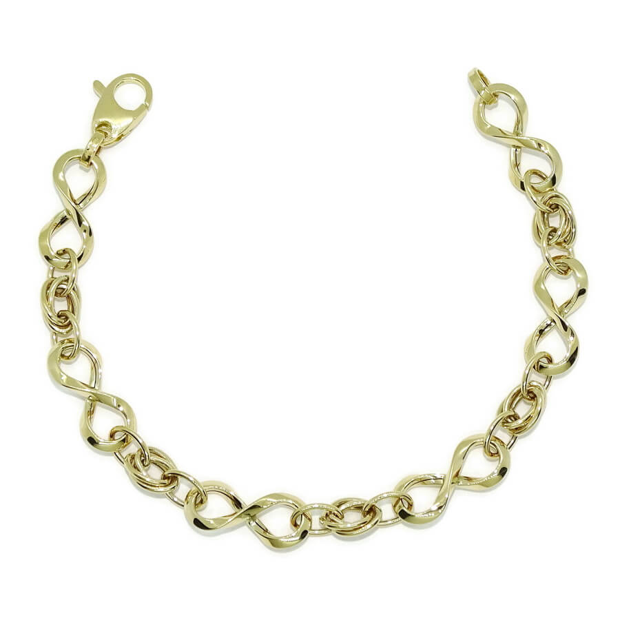Pulsera para mujer en oro amarillo 18k con 6 infinitos y eslabones. 19cm de larga, 8mm de ancha, 4.30g de oro 1ª Ley. Diseño elegante y moderno con certificado Never Say Never. - Imagen 5