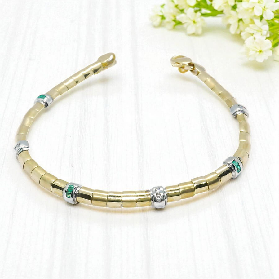 Pulsera de Oro Amarillo y Blanco 18k con Diamantes y Esmeraldas – 18.50 cm – 12.30 g – 5 mm – Cierre Mosquetón 💎 - Imagen 4