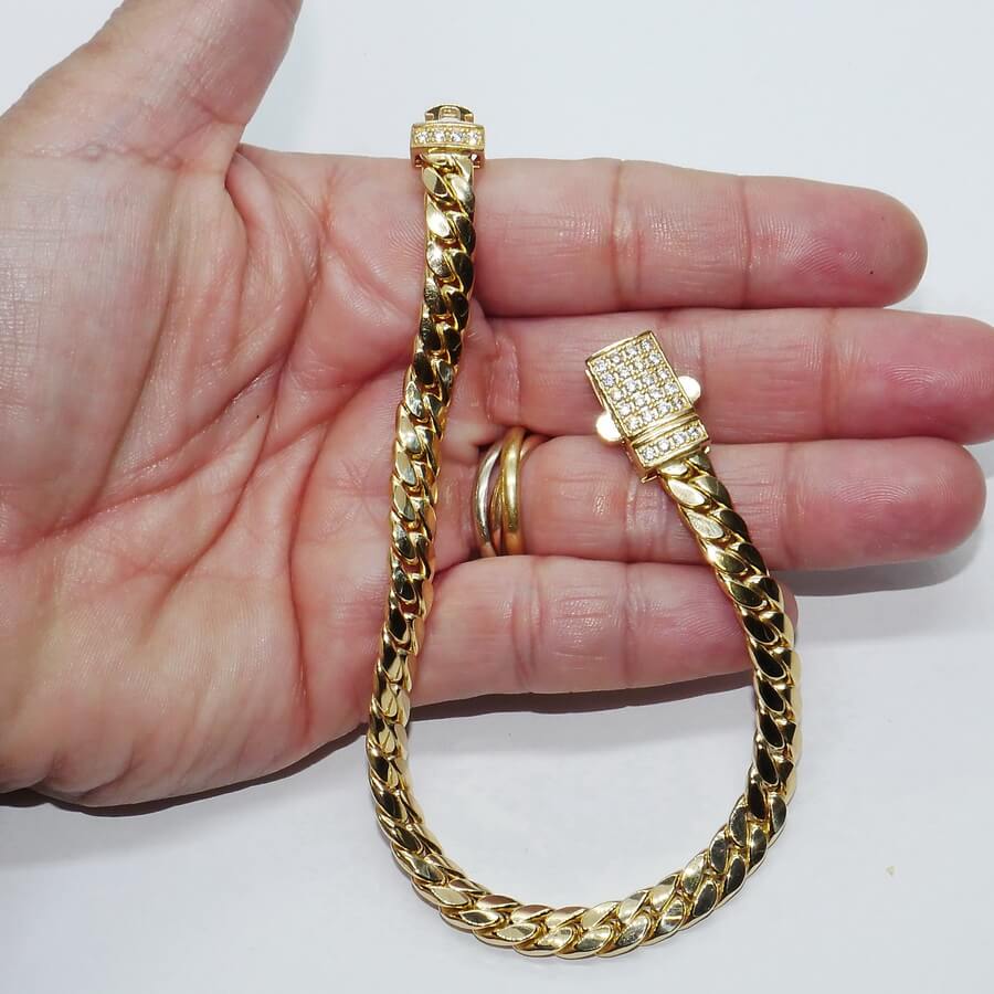 Pulsera Cubana Hombre Oro Amarillo 18k – 7mm – 21cm – 13.30g – Cierre Mónaco con 28 Circonitas – Never say Never - Imagen 3