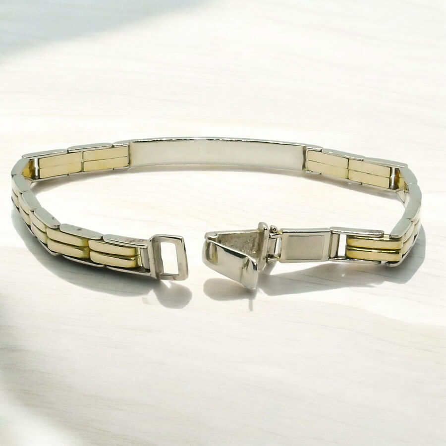 Pulsera Hombre Oro 18k con Placa Bicolor Oro Amarillo y Blanco 5 mm Cierre de Seguridad - Imagen 7