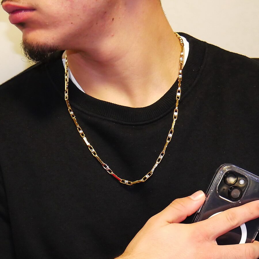 Cadena de oro amarillo y blanco 18 quilates, eslabón rectangular 60 cm – Joyería masculina premium - Imagen 2